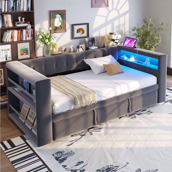 MODFU Schlafsofa mit Steckdosen & Stauraum, Polsterbett mit LED-Beleuchtung,umwandelbares Einzelbett, Funktionsbett 90/180×190 cm, ohne Matratze