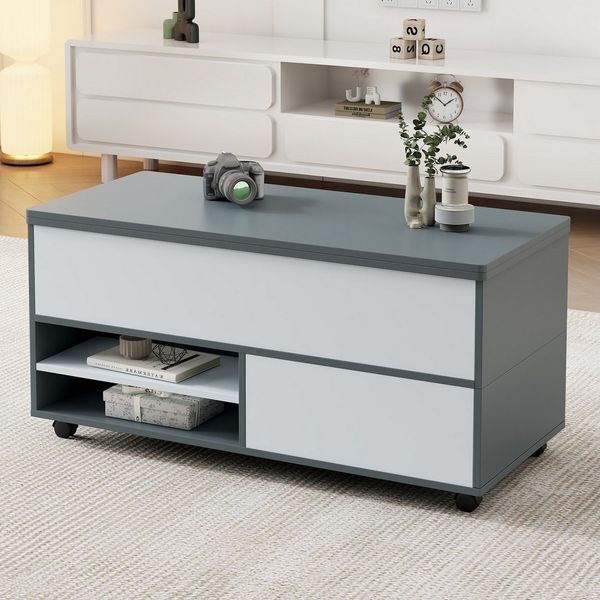 Merax Couchtisch höhenverstellbar Sofatisch Beistelltisch in Weiß-Grau (1-St), Wohnzimmertisch mit Schublade Schrank & Ablagefächern, 100x98x65cm