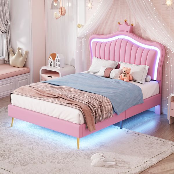 Kinder Polsterbett 90x200 cm LED-Bett mit Muschel-Kopfteil, Krone, Aufbewahrung, modernes Schlafzimmerbett
