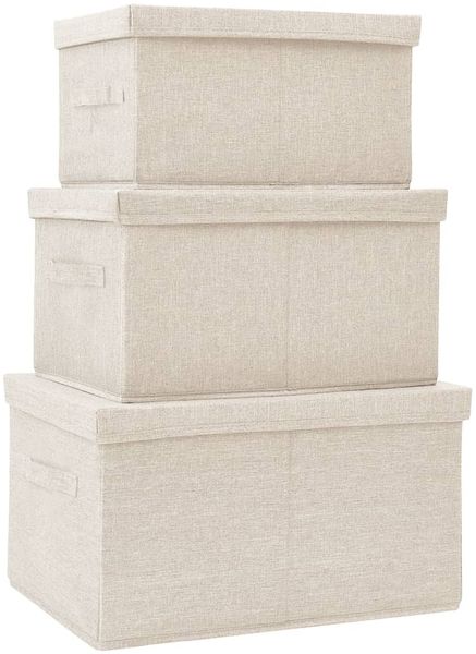 3-tlg. Aufbewahrungsboxen-Set, faltbarer Korb Stapelbar Stoff Creme