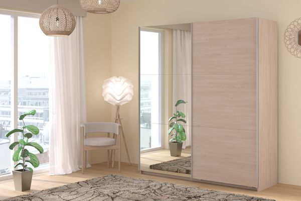 Kleiderschrank Swing in Eiche Jackson von Parisot – Schwebetürenschrank 2 türig, flexibler Stauraum in modernem Design – mit oder ohne Schubkasteneinsatz wählbar - 1 teilig , Kleiderschrank ohne Schubkasteneinsatz