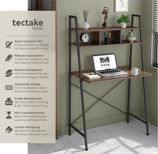 tectake Schreibtisch Computertisch Exeter 85,5x46,5x140cm (1-St, 1 tlg), Rustikaler Schreibtisch im schnörkellosen Industrial Style