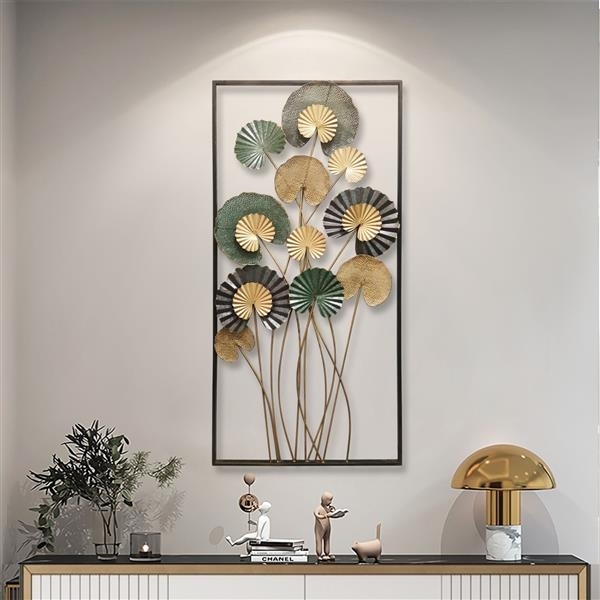 3D Wandbild "Blätter" aus Metall in gold / anthrazit / gün, 60x125 cm, Wanddeko, Wandschmuck