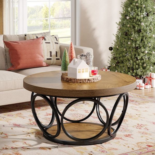 Tribesigns Couchtisch Runde Kaffeetisch Beistelltisch, Industrial 2-Tier-Kreis Holztisch, Bauernhaus Große Runde wohnzimmertisch, Moderne Braune Teetisch
