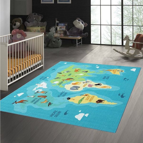 TeppichHome24 Teppich Kinderzimmer Weltkarten-Lernteppich mit Tieren in blau, rechteckig, Höhe: 7 mm