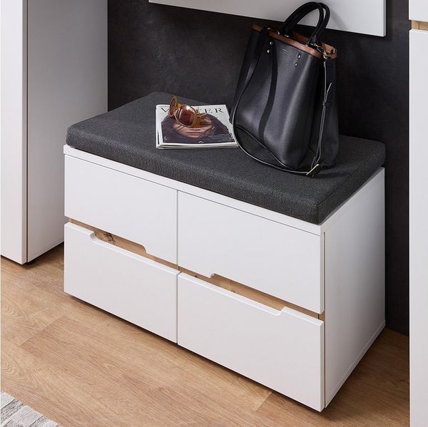 Lomadox Garderoben-Set MANRESA-36-WHITE, (Spar-Set, 3-St, Garderobenschrank Garderobenpaneel Schuhbank), in weiß mit Eiche, grifflos, mit Garderobenbank inkl. Sitzpolster