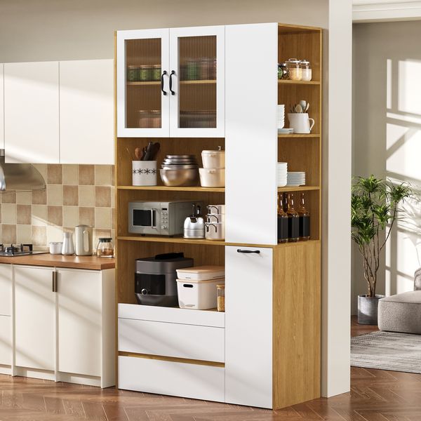Merax Highboard mit verstellbaren Regalböden und Schubladen, Buffetschrank mit ausziehbaren Regalböden und Riffelglas(Weiß+Natur)