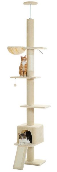 PAWZ Road Kratzbaum Kratzbaum deckenhoch, höhenverstellbar (216-273cm), Katzenturm mit Hängematte und Katzenhöhle, Anti-Sturzgurt