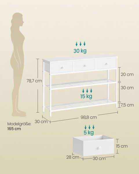 SONGMICS Konsolentisch mit 3 Stoffschubladen und 2 Gitterablagen, 98,8 x 30 x 78,7 cm, Wolkenweiß Bild 5