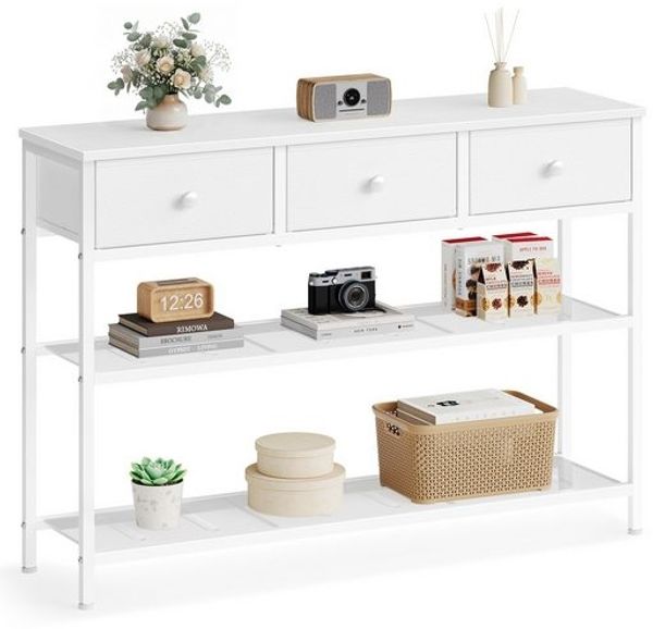 SONGMICS Konsolentisch mit 3 Stoffschubladen und 2 Gitterablagen, 98,8 x 30 x 78,7 cm, Wolkenweiß