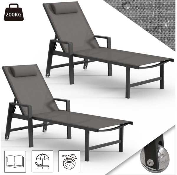 Mucola 2x Sonnenliege Aluminium Gartenliege 200KG & Rollen wetterfest Relaxliege Anthrazit Teslin Klappliege Camping