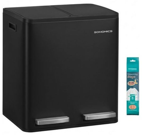 SONGMICS Abfalleimer 2 Fächer, Mülleimer 2 x 15 L, Tretmülleimer Softclose-Deckel, Küche, herausnehmbare Inneneimer, schwarz