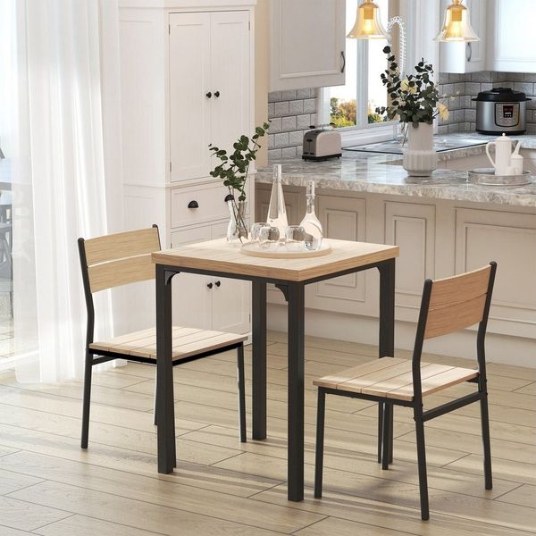 HOMCOM Essgruppe Küchentisch mit Metallgestell, (Sitzgruppe, 3-tlg, Esstisch Set), MDF Metall Naturholzmaserung+Schwarz