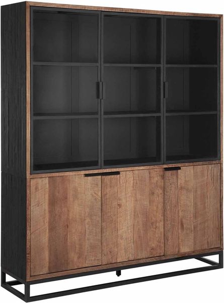 Vitrinenschrank Cosmo aus Teak, Industrial Design, natur, Metallgestell in Schwarz, 3 Türen