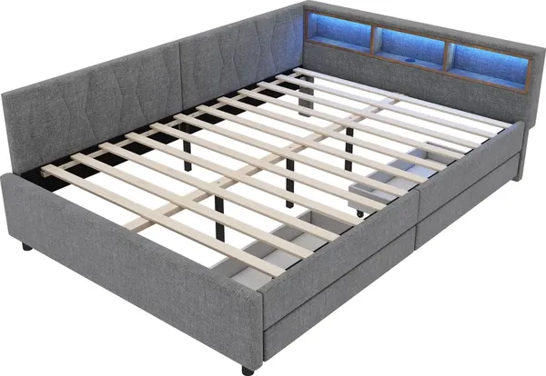 Schlafsofa mit LED-Beleuchtung, Lattenrost, Schubladen, USB/Typ-C Anschlüssen, 140x200cm, Polsterbett, Doppelbett, Leinen Bild 6