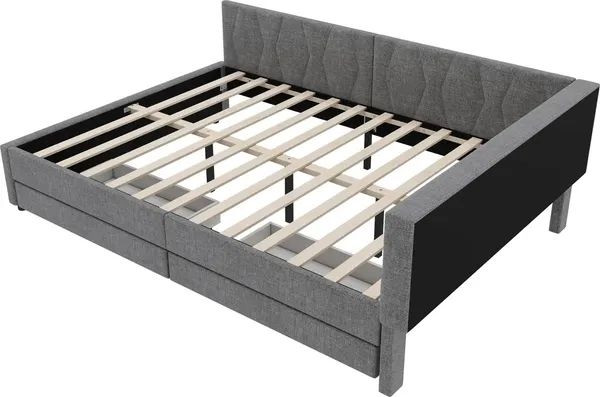 Schlafsofa mit LED-Beleuchtung, Lattenrost, Schubladen, USB/Typ-C Anschlüssen, 140x200cm, Polsterbett, Doppelbett, Leinen Bild 9