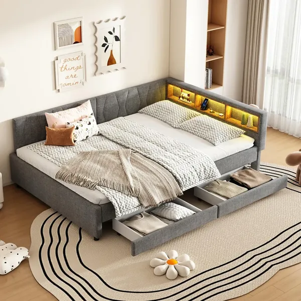 Schlafsofa mit LED-Beleuchtung, Lattenrost, Schubladen, USB/Typ-C Anschlüssen, 140x200cm, Polsterbett, Doppelbett, Leinen
