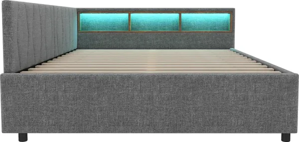 Schlafsofa mit LED-Beleuchtung, Lattenrost, Schubladen, USB/Typ-C Anschlüssen, 140x200cm, Polsterbett, Doppelbett, Leinen Bild 7