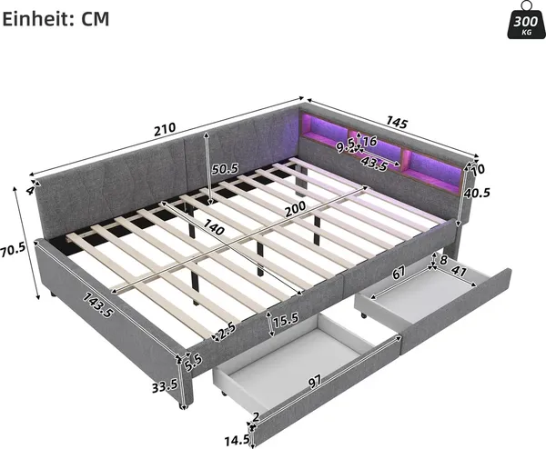 Schlafsofa mit LED-Beleuchtung, Lattenrost, Schubladen, USB/Typ-C Anschlüssen, 140x200cm, Polsterbett, Doppelbett, Leinen Bild 5
