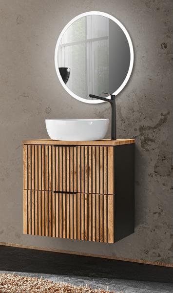 Waschplatz Set mit Waschtisch Unterschrank 60 cm, LED Spiegel rund XANTEN-56 in anthrazit mit Eiche Nb. schwarz gerillt, B/H/T: 60,6/200/46,5 cm