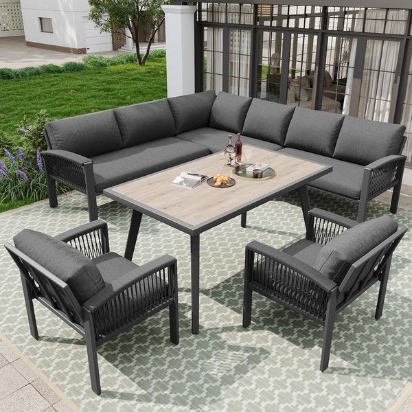 i@home Gartenlounge-Set, (5-tlg), L-förmiges Gartensofa für 8 Personen, 1 Tisch & 2 Sesseln, Wetterfest