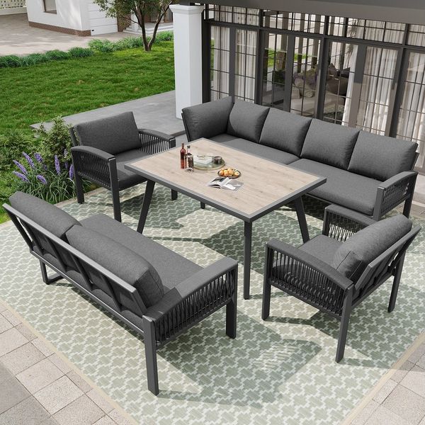 i@home Gartenlounge-Set, (5-tlg), L-förmiges Gartensofa für 8 Personen, 1 Tisch & 2 Sesseln, Wetterfest