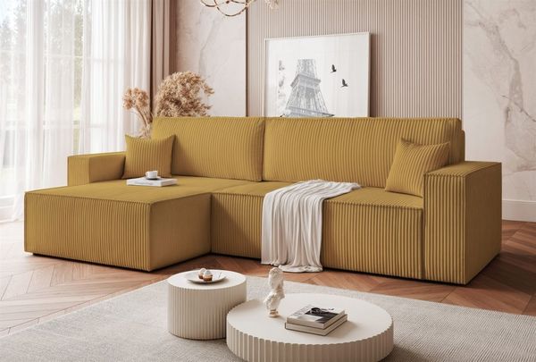 Ecksofa Schlafsofa Sofa ADARA MAX in Stoff Poso Honiggelb Ottomane Links
