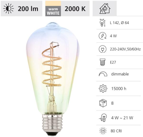 Eglo 110209 LED Filament Leuchtmittel E27 1X4W Decorative Spirale irisierend L:14. 2cm Ø:6. 4cm 2000K 200lm dimmbar