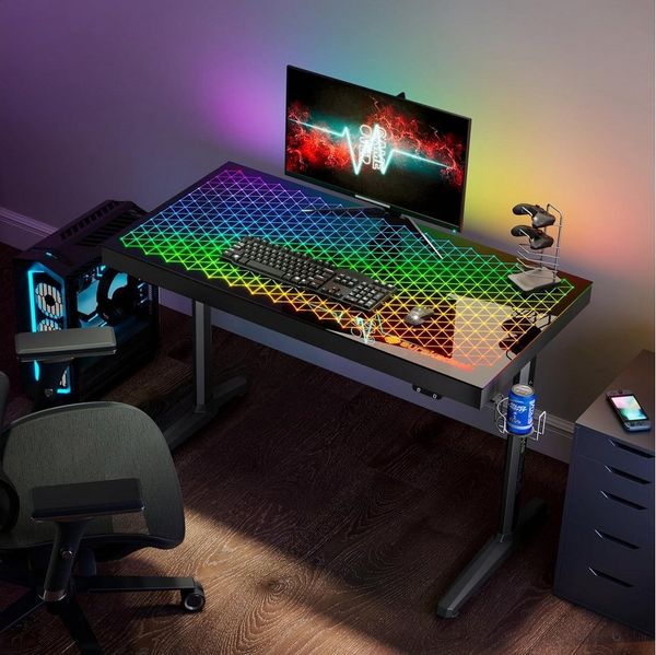 EE EUREKA ERGONOMIC Gamingtisch Höhenverstellbarer Glas Schreibtisch mit RGB 110X60 cm, MAX. Load:90kg (Packung, 1-St, Modern Gaming Tisch), mit Musik Sync, APP Steuerung, Kopfhörerhaken, Getränkehalter, Mauspad