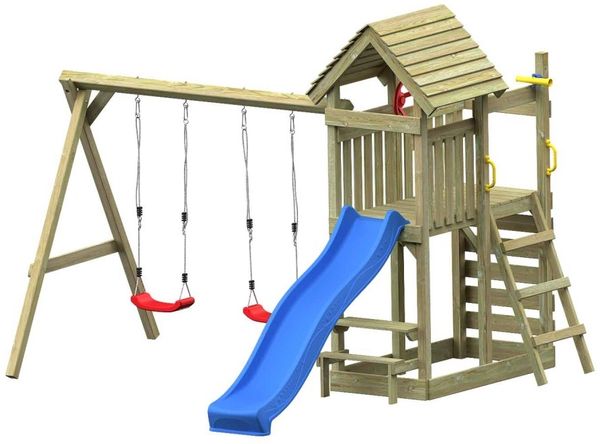 Spielturm LUNOO PLAY+ inkl. Doppelschaukel, Kletterwand und Kletterrampe - Material: Kiefernholz - Rutschenfarbe: Rot - Maße: 354 x 334 x 260 cm