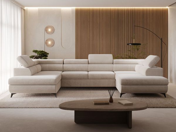GRAINGOLD Wohnlandschaft U-Form Argon U, Couch mit Schlaffunktion, mit Bettkasten, Velour-Stoff, Beige