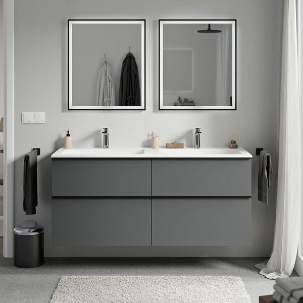 Bernstein Waschbeckenunterschrank LAVOA Set 120cm Anthrazit inkl Becken CREAM Weiß mit Hahnloch Set 120cm Anthrazit mit Waschbecken CREAM Weiß Griff Anthrazit