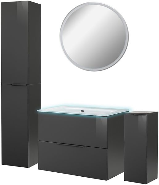 FACKELMANN LUNA Badmöbel Set 6-teilig 80 cm breit, Anthrazit, Waschbecken Glas Weiß + LED Spiegel + Hochschrank + Midischrank + Waschbeckenbeleuchtung