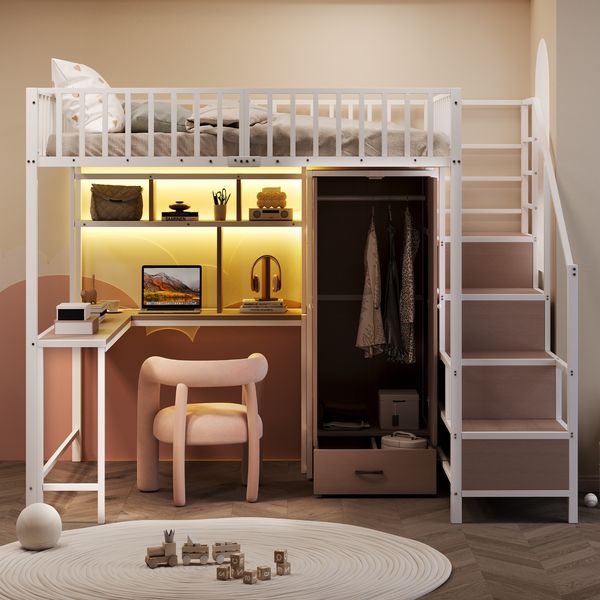 Merax Hochbett 140 x 200 cm Einzelbett, Kinderbett, Jugendbett, Mit Schreibtisch, Regal, Kleiderschrank und Schubladen, Mit Ladebuchse und LED-Beleuchtung, Weiß