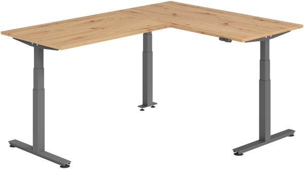 bümö Eckschreibtisch elektrisch höhenverstellbar L-Form: 160 x 220 cm in Asteiche, Gestell graphit - Stehschreibtisch mit Memory-Steuerung, elektrischer XXL Schreibtisch für die Ecke, XDSMW-1614-R-G