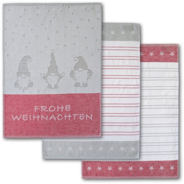 Dyckhoff Geschirrtuch Wichtel, mit Schriftzug Frohe Weihnachten, Streifen und Sternen, (Set, 3-tlg), mit 3 verschiedenen Motiven, Maße je Tuch ca. 50x70 cm, 100% Baumwolle