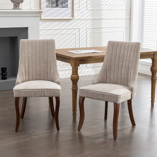 Odikalo Esszimmerstuhl Polsterstuhl Küchenstuhl mit gebogenen Beinen aus Massivholz (Esszimmerstühle aus beflocktem Leinenstoff mit Kanalmuster, bequeme und stoffbezogene, Akzentstühle für Esszimmer, 2er-Set, Beige)