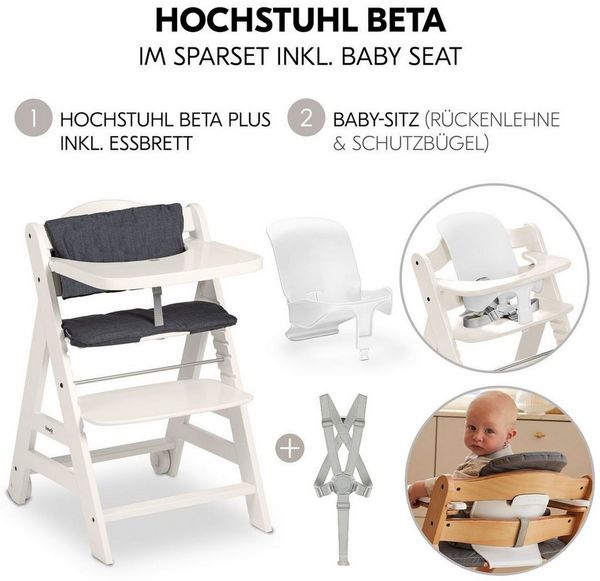 Hauck Hochstuhl Beta Plus - White, Holz Kinderhochstuhl mit Baby-Sitz, Essbrett, Sitzauflage & Rollen