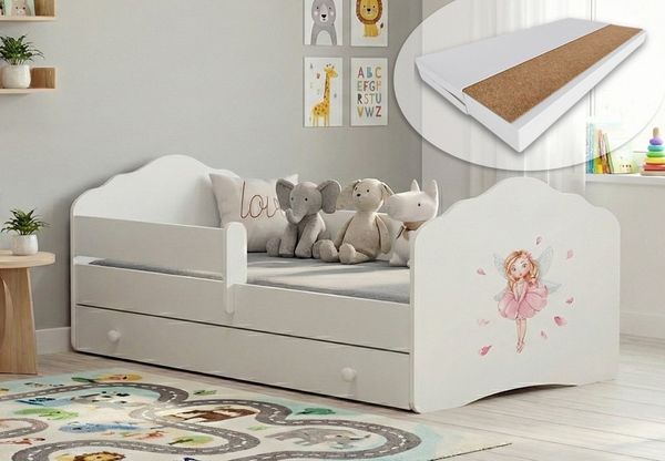 Kids Collective Kinderbett für Mädchen mit Matratze und Schublade & Lattenrost (70x140, 80x160 cm Jugendbett Einzelbett Komplettbett in weiß mit Prinzessin Motiv), Bett für Kinder Bett komplett Set Rausfallschutz Kinderbett 70x140 cm