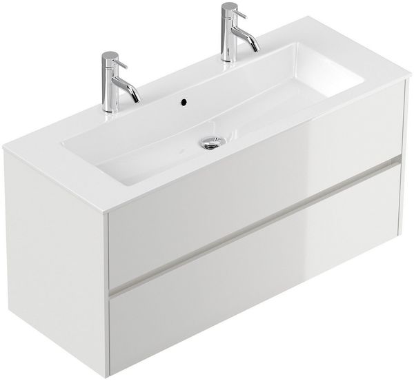 Posseik Badmöbel-Set Badmöbel Doppel-Waschtisch 2 Hahn Limes 120 cm weiß Hochglanz