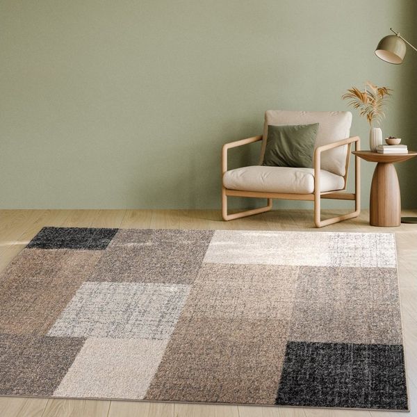 KADIMA DESIGN Teppich Geometrisches Blockmuster Wohnzimmer schmutzabweisend Teppich Kurzflor, Rechteckig, Höhe: 14 mm, Florhöhe: 10 mm, 100% Polypropylen, Rechteckig, 80x150cm, Braun