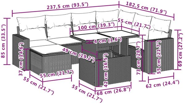 vidaXL 8-tlg. Garten-Sofagarnitur mit Kissen Grau Poly Rattan 3267440 Bild 10
