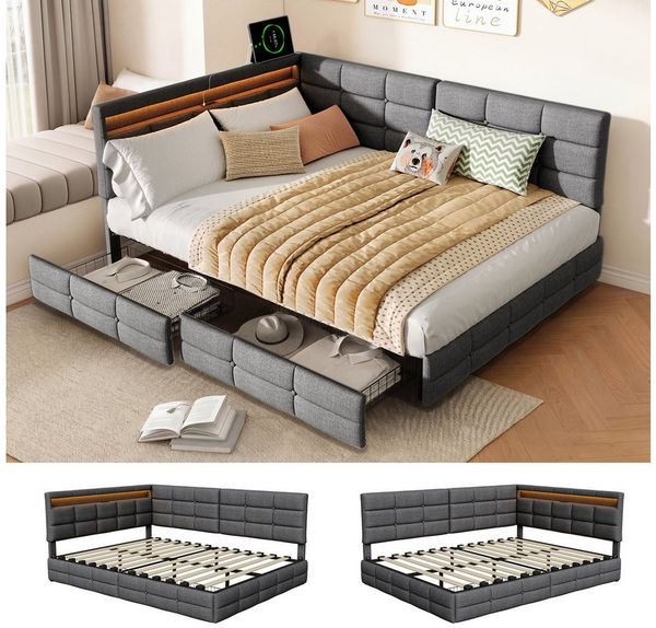 Simurq Polsterbett Daybett mit LED-Beleuchtung & USB, Tagesbett Jugendbett (1-tlg, in 2 Größen verfügbar), Schlafsofa Sofabett mit 2 Schubladen