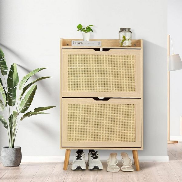 GarveeMore Schuhschrank mit 2 Klappschubladen aus Rattan und Kippschutz für Eingang,Flur Versteckter Schuhkommode,Stauraum für 12–15 Paar Schuhe, MDF-Rahmen