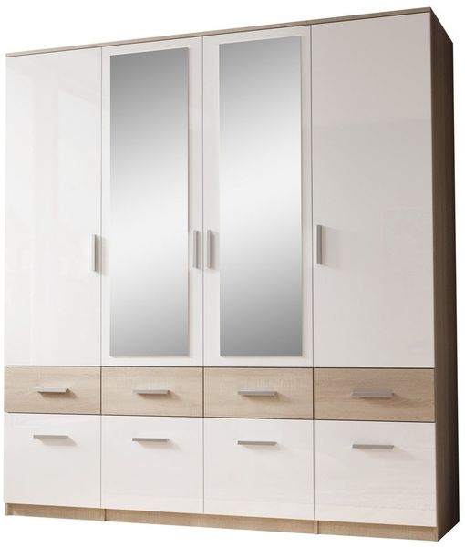 Stella Trading BOX Eleganter Kleiderschrank mit Spiegel & Schubladen - Geräumiger Drehtürenschrank in Sonoma Eiche Optik, Weiß - 180 x 198 x 55 cm (B/H/T)