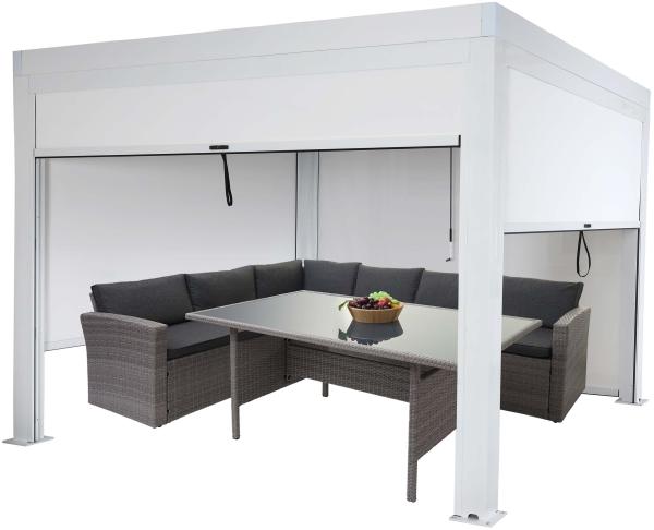 Pergola HWC-L46 mit Seitenwand, Gartenpavillon Lamellen-Pavillon Rollo, 11cm-Alu-Gestell, sturmfest 3x3m ~ weiß