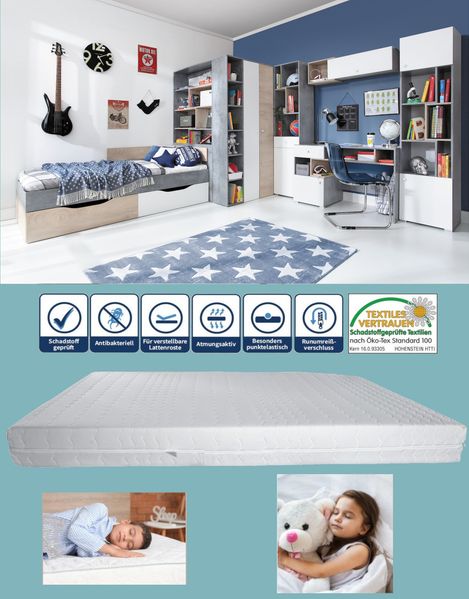 Jugendzimmer Sally in Beton, Weiß und Eiche in 4 Setvarianten oder als Einzelmöbel - 8 teilig , Begehbarer Eckkleiderschrank + Jugendbett 90x200 cm + Matratzenauflage + Standregal 1+ Wandregal mit Klappe + Schreibtisch + Standregal 2 + Matratze