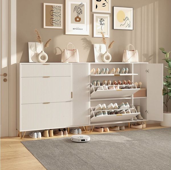 FUROKOY Schuhschrank Weiß Schuhregal Schuhkipper mit 2 Klappen und Kippsicherung (Schmal Schrank Schuhkommode, für 40 Paar Schuhe) für Eingangsbereich, Flur, 110 x 24 x 114.5 cm