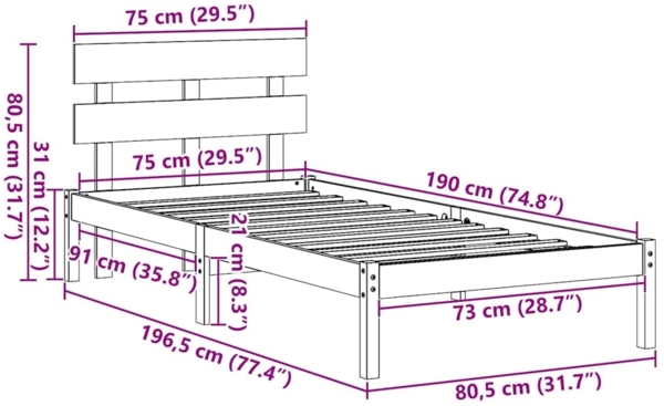 vidaXL Bettgestell mit Kopfteil Braun 75 x 190 cm Massivholz Kiefer 872146 Bild 9