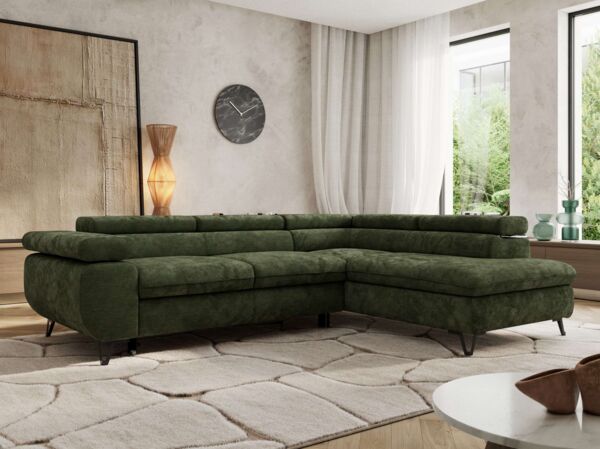 MKS Möbel 'Pablo L-Form' Ecksofa mit Schlaffunktion, verstellbare Kopfstützen, Dunkelgrün, Schenille glatt, Visco Topper, Rechts
